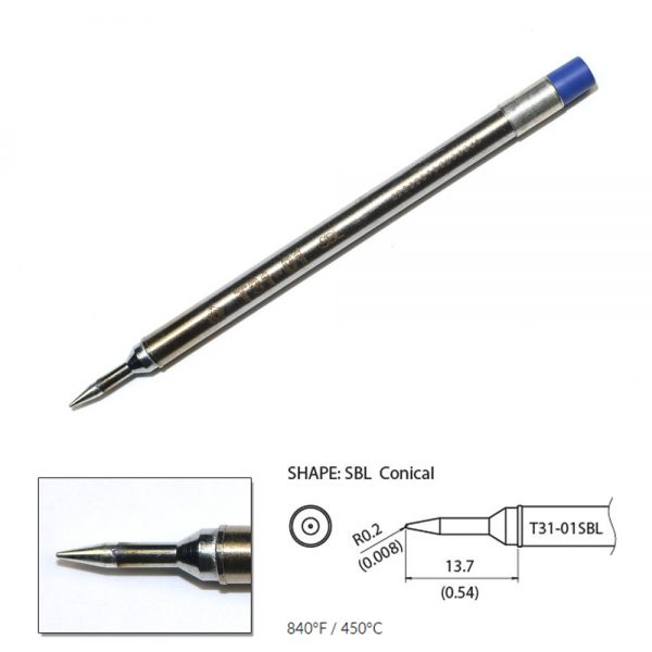 T31-01SBL Conical Soldering Tip R0.2 x 13.7mm 450°C