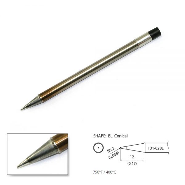 T31-02BL Conical Soldering Tip R0.2 x 12mm 400°C