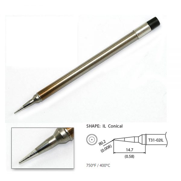 T31-02IL Conical Soldering Tip R0.2 x 14.7mm 400°C